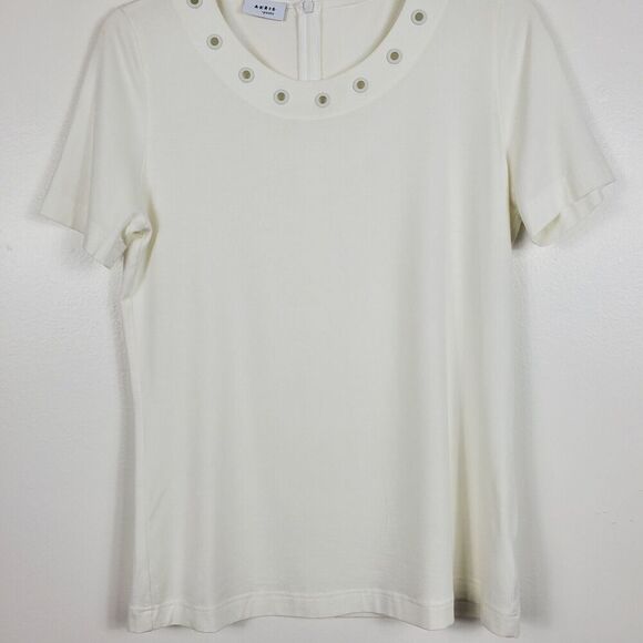 Akris Punto Grommet Modal Top Zip Back Short Sleeve Eyelet Designer White Sz 10 - Picture 4 of 10